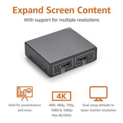 Amazon Basics HDMI Splitter 1 in 2 Out for Dual Monitors, 4K@30Hz, 1080P, Mirror Only, Black view 2