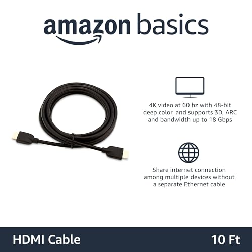 Amazon Basics High-Speed HDMI 2.0 Cable for TV/PS5/Xbox/Roku/Blu-ray, 4K@60Hz, 18Gbps, 2160p, 48 bit, 10 ft, Black view 2