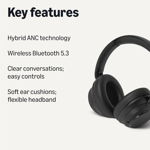 Amazon Basics Hybrid Active Noise Cancelling Headphones, Wireless Bluetooth 5.3, 35 Hours Battery Life with ANC On, 45 Hours with ANC Off, Over Ear Comfortable Fit with Soft Ear Cushions, Black view 2