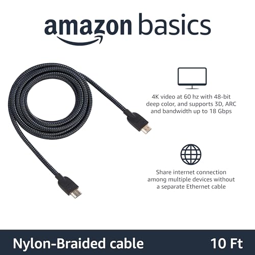 Amazon Basics Nylon-Braided HDMI 2.0 Cable, 10ft, 4K@60Hz, 18Gbps, 2160p, 48 bit, Compatible with TV/PS5/Xbox/Roku/Blu-ray, Black & Blue view 2