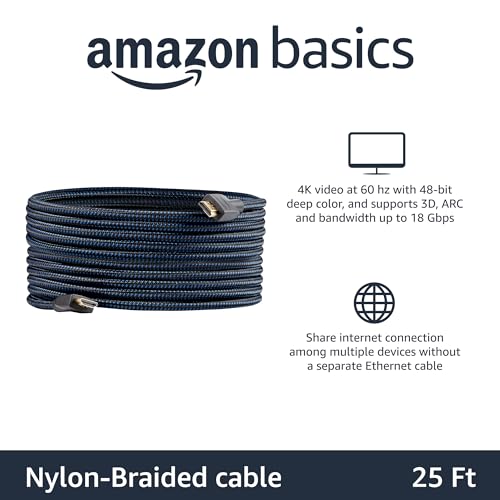 Amazon Basics Nylon-Braided HDMI 2.0 Cable, 25ft, 4K@60Hz, 18Gbps, 2160p, 48 bit, Compatible with TV/PS5/Xbox/Roku/Blu-ray, Ethernet Ready, Black & Blue view 2