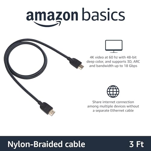 Amazon Basics Nylon-Braided HDMI 2.0 Cable, 3ft, 4K@60Hz, 18Gbps, 2160p, 48 bit, Compatible with TV/PS5/Xbox/Roku/Blu-ray, Black & Blue view 2