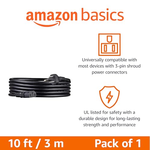 Amazon Basics PC Power Cord, 10 feet, AC Power Cord for Monitor, Computer, TV, 3 Prong, 18 AWG, 125 Volts, Black