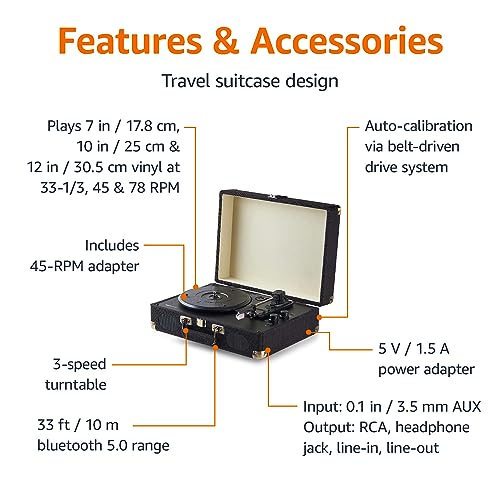 Amazon Basics Portable Suitcase Vinyl Turntable Record Player with Built-in Stereo Speakers, Belt Drive, 3-Speed, Bluetooth Playback, Black view 2