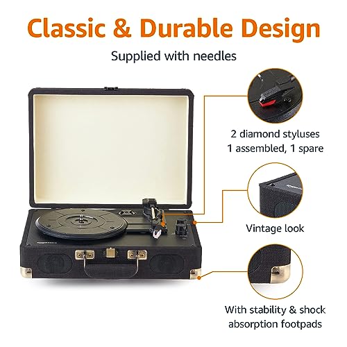 Amazon Basics Portable Suitcase Vinyl Turntable Record Player with Built-in Stereo Speakers, Belt Drive, 3-Speed, Bluetooth Playback, Black view 3