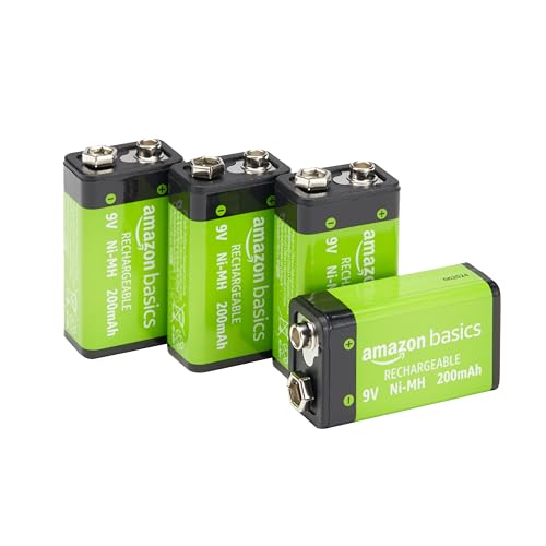 Amazon Basics Rechargeable 9 Volt Batteries, 4-Pack, NiMH, 200 mAh, Long Lasting Power, Recharge up to 1000x Times , Pre-Charged