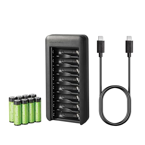 Amazon Basics Rechargeable AA Low Self Discharge NiMh Batteries with 8-Bay Battery Charger, USB-C Port, No AC Power Adapter, 8 Count, Black