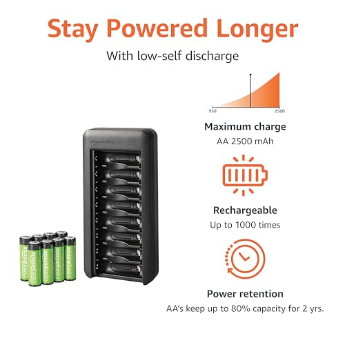 Amazon Basics Rechargeable AA NiMh Batteries with 8-Bay Battery Charger, USB-C Port, No AC Power Adapter, 8 Count (Pack of 1), Black
