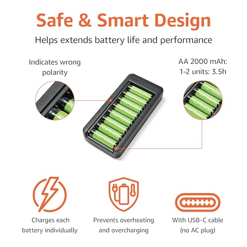 Amazon Basics Rechargeable AA NiMh Batteries with 8-Bay Battery Charger, USB-C Port, No AC Power Adapter, 8 Count (Pack of 1), Black