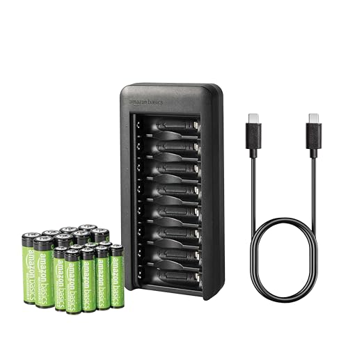 Amazon Basics Rechargeable Low Self Discharge NiMh Battery with 8-Bay Charger, 8 AAA 800mAh + 8 AA 2000mAh, USB C Port, No AC Power Adapter, Black