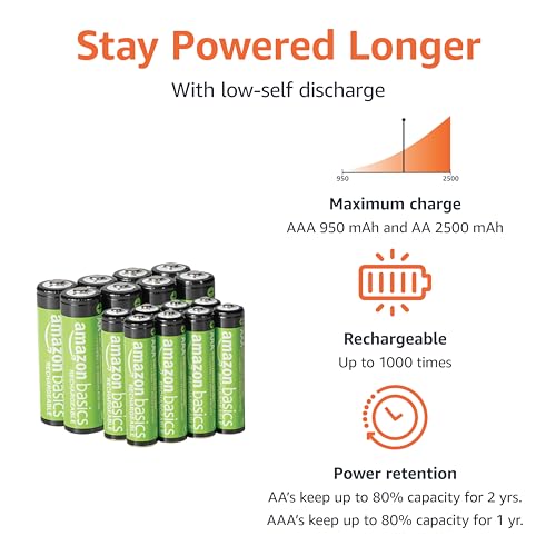 Amazon Basics Rechargeable NiMh Battery with Bay Charger, 8 AAA 800mAh + 8 AA 2000mAh, No AC Power Adapter, USB C Port, Pack of 16, Black