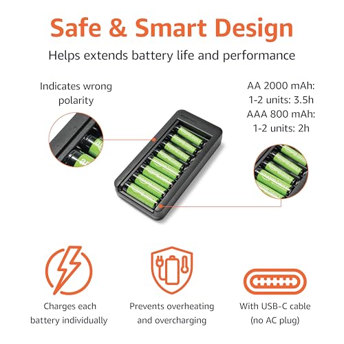Amazon Basics Rechargeable NiMh Battery with Bay Charger, 8 AAA 800mAh + 8 AA 2000mAh, No AC Power Adapter, USB C Port, Pack of 16, Black