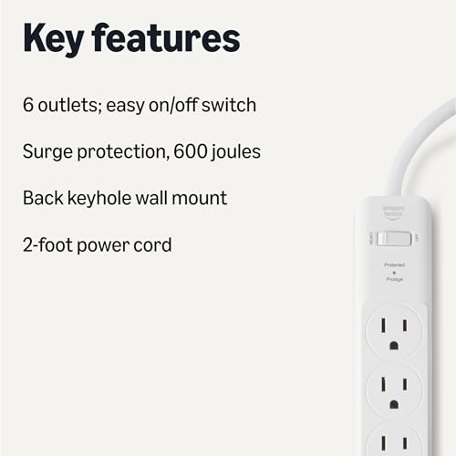 Amazon Basics Rectangle 6-Outlet, 600 Joule Surge Protector Power Strip, 2ft, Small, White, 2-Pack