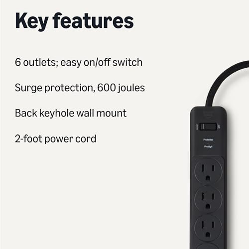 Amazon Basics Rectangle 6-Outlet Surge Protector Power Strip with Circuit Breaker, 600 Joule, 2ft Cord, Black, 2-Pack view 2