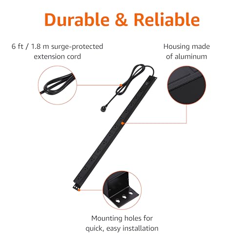 Amazon Basics Surge Protector Power Strip, 12 Outlet, Heavy Duty, Metal, 600 Joules, 6ft Extension Cord, Mountable, Rectangle, Black