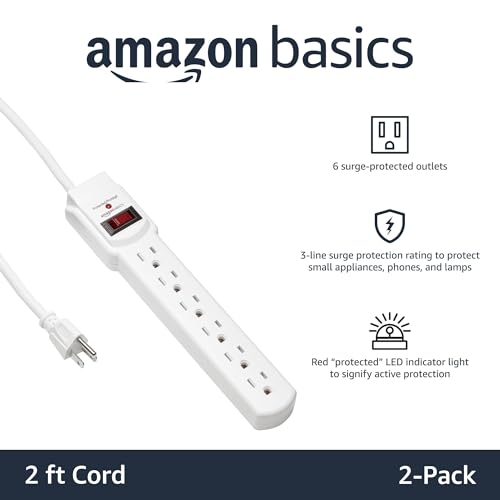 Amazon Basics Surge Protector Power Strip, 6-Outlet with 200J Protection, 2ft Extension Cord, Rectangle, White (2 Pack)
