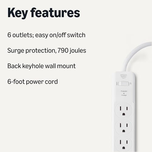 Amazon Basics Surge Protector Power Strip, 6-Outlet, 790 Joules, 6ft Extension Cord, White