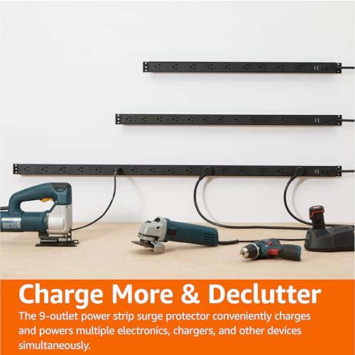 Amazon Basics Surge Protector Power Strip, 9 Outlet, Heavy Duty, Metal, 600 Joules, 6ft Extension Cord, Mountable, Rectangle, Black