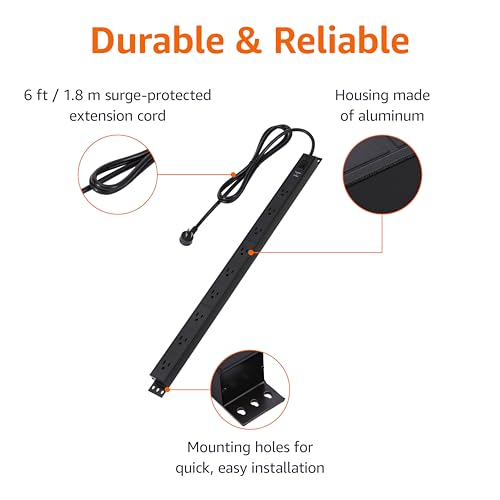 Amazon Basics Surge Protector Power Strip, 9 Outlet, Heavy Duty, Metal, 600 Joules, 6ft Extension Cord, Mountable, Rectangle, Black