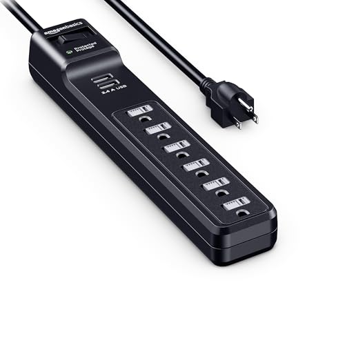 Amazon Basics Surge Protector Power Strip with 2 USB Ports, 6 Outlet Extension Cord, 1000 Joule, Rectangle, 6 ft Cord Length, Black