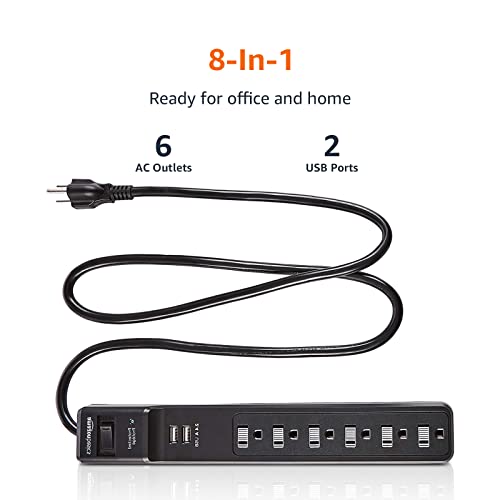 Amazon Basics Surge Protector Power Strip with 6 Outlets, 2 USB Ports, 1000 Joule, 6-Foot Cord Length, Black view 2