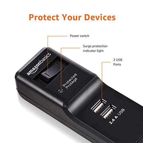 Amazon Basics Surge Protector Power Strip with 6 Outlets, 2 USB Ports, 1000 Joule, 6-Foot Cord Length, Black view 3
