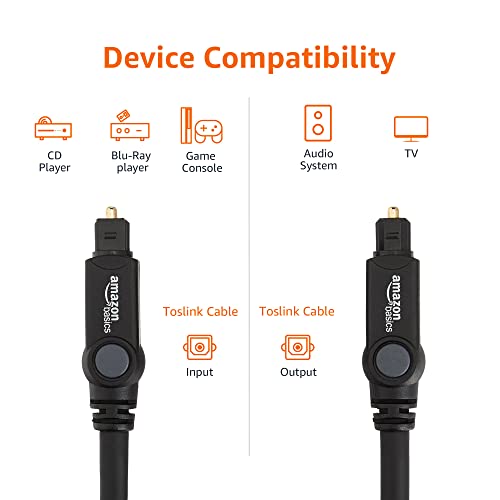 Amazon Basics Toslink Digital Optical Audio Fiber Optic Cable, Multi-Channel, for Sound Bar, Audio System, Home Theatre, Game Console, Blu-Ray Player, Gold-Plated Connectors, 6 Foot, Black view 3