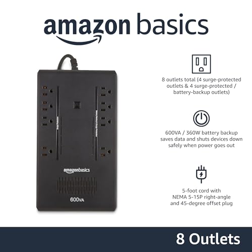 Amazon Basics UPS Battery Backup & Surge Protector, 600VA/360W, 8 Outlets, Standby Uninterruptible Power Supply, Power Outage Protection, Compact Design, Black view 2