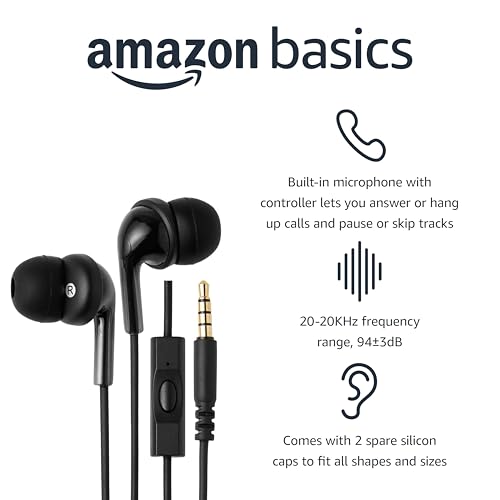 Amazon Basics Wired Earbuds with Microphone, In Ear Headphones, 3.5mm Jack, 4.2 ft long cable, S/M/L Ear Tips, Black