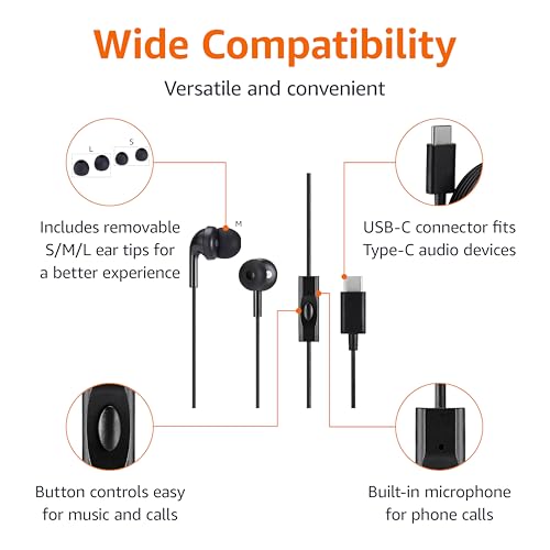 Amazon Basics Wired Earbuds with Microphone, In Ear Headphones, USB-C, 4.2 ft long cable, S/M/L Ear Tips, One size, Black