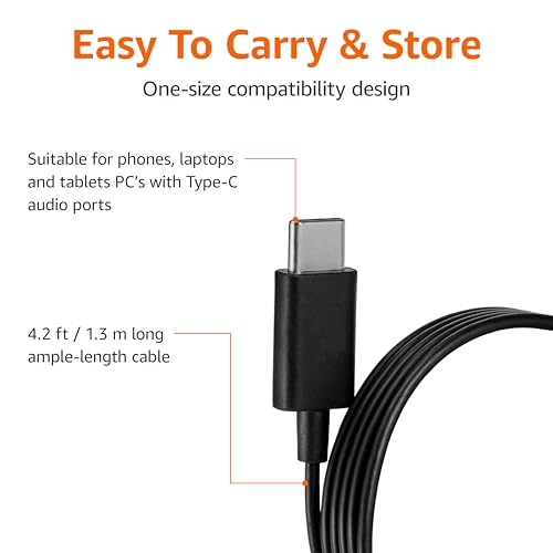 Amazon Basics Wired Earbuds with Microphone, In Ear Headphones, USB-C, 4.2 ft long cable, S/M/L Ear Tips, One size, Black