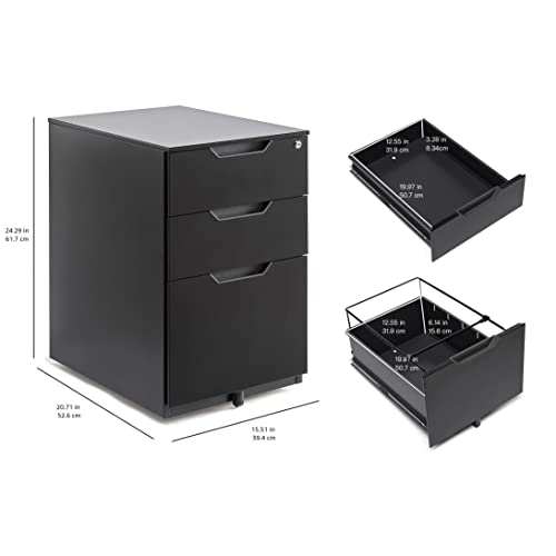 Amazon Basics 3 Drawer Mobile File Cabinet With Lock, Black, 20.71" D x 15.51" W x 24.29" H