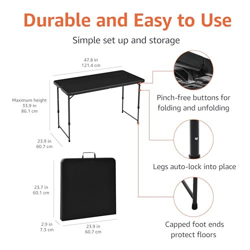 Amazon Basics 4 Foot Rectangular Folding Dining Table, 4 Adjustable Height Settings with Carrying Handle, Indoor & Outdoor, Washed Black, 47.8 x 23.9 x 33.9 in