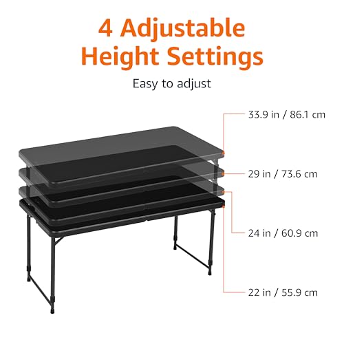Amazon Basics 4 Foot Rectangular Folding Dining Table, 4 Adjustable Height Settings with Carrying Handle, Indoor & Outdoor, Washed Black, 47.8 x 23.9 x 33.9 in