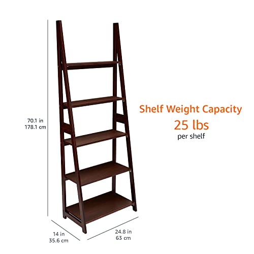 Amazon Basics 5-Tier Ladder Bookshelf Storage Organizer, Tall Bookcase for Small Space, Solid Rubberwood Frame, Modern Display Shelf, Espresso Finish, 14" D x 24.8" W x 70.1" H view 3