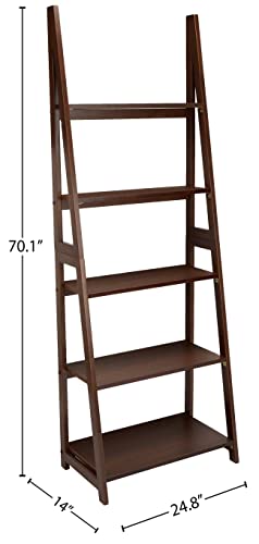Amazon Basics 5-Tier Ladder Bookshelf Storage Organizer, Solid Rubberwood Frame, Space-Saving Bookcase, Sturdy Shelves, Walnut Finish, 14" D x 24.8" W x 70.1" H view 3