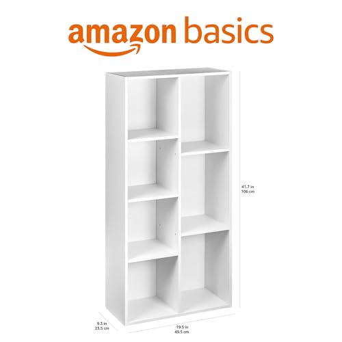 Amazon Basics 7 Cube Organizer Bookcase Shelf, Storage for Home and Office, 9.25"D x 19.49"W x 41.73"H, White