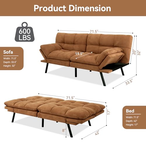 Amazon Basics Brown Loveseat,Convertible Couch Memory Foam Futon Sofa Bed Modern Sleeper Sofa for Small Compact Living Room,Office,Apartment, Linen Fabric