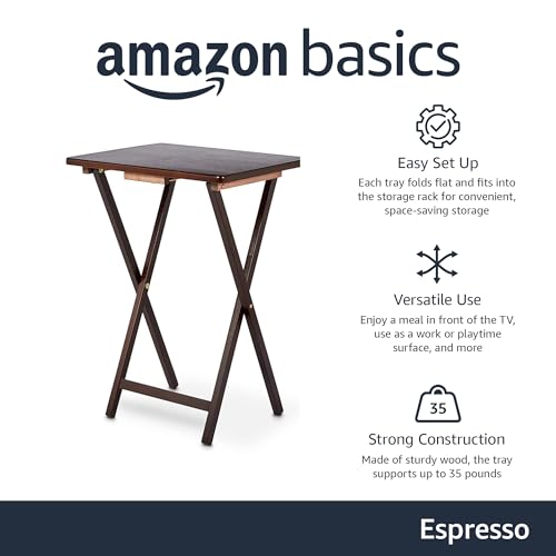 Amazon Basics Classic Foldable TV Dinner Tray Table with Storage Rack, 14.6 L x 19 W x 26 H inch, Espresso, 4-Pack