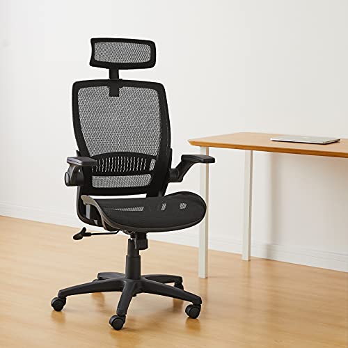 Amazon Basics Ergonomic High-Back Office Chair, Breathable Mesh, 360° Swivel, Easy to Assemble, Comfortable Flip-Up Armrests, 25.5"D x 26.25"W x 49.25"H, Black view 2