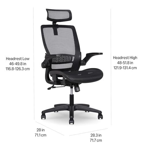 Amazon Basics Ergonomic High-Back Office Chair, Breathable Mesh, 360° Swivel, Easy to Assemble, Comfortable Flip-Up Armrests, 25.5"D x 26.25"W x 49.25"H, Black view 3
