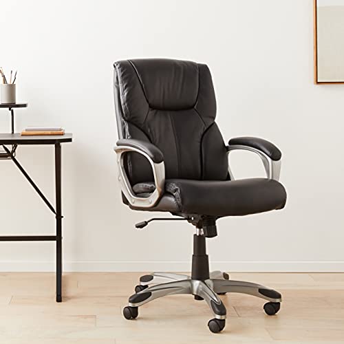 Amazon Basics Executive High Back Office Chair, Adjustable Height, Tilt, Swivel, Padded Seat, Bonded Leather, Wheels, Black/Silver view 2