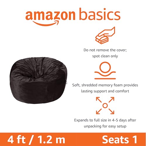 Amazon Basics Extra Large Bean Bag Chair Lounger, 4 ft Memory Foam Filled, Microfiber Cover, Solid Grey