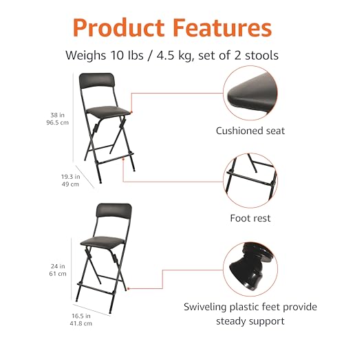 Amazon Basics Folding Bar Stool with Footrest, Portable, Sturdy, Space-Saving Storage, 300lb Capacity, 24" Height, Black, Set of 2 view 3