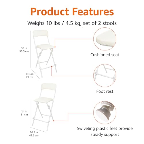 Amazon Basics Folding Bar Stool with Footrest, Portable, Sturdy, Space-Saving Storage, 300lb Capacity, 24" Height, White, Set of 2 view 3