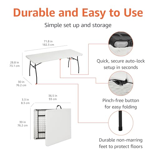 Amazon Basics Heavy Duty Portable Folding Table 6 ft with Carrying Handle, Indoor & Outdoor, White