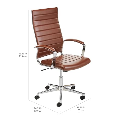 Amazon Basics High-Back Swivel Desk Chair, Ergonomic Ribbed Faux Leather Upholstery, Lumbar Support, Home Modern Style, Brick Red, 24.75"D x 23.25"W x 45.25"H
