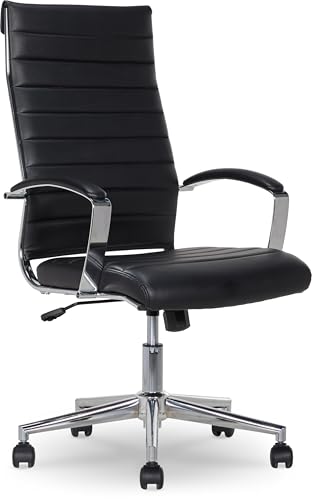Amazon Basics High-Back Swivel Office Chair with Lumbar Support, Ergonomic Ribbed Faux Leather, Adjustable Height, 45.25" x 24.75" x 23.25", Black