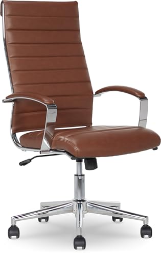 Amazon Basics High-Back Swivel Office Chair with Lumbar Support, Ergonomic Ribbed Faux Leather, Adjustable Height, 24.75"D x 23.25"W x 45.25"H, Brick Red