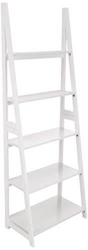 Amazon Basics Ladder Bookshelf Organizer, 5-Tier, Solid Rubberwood Frame, White Finish, 14D x 24.8W x 70.1H in